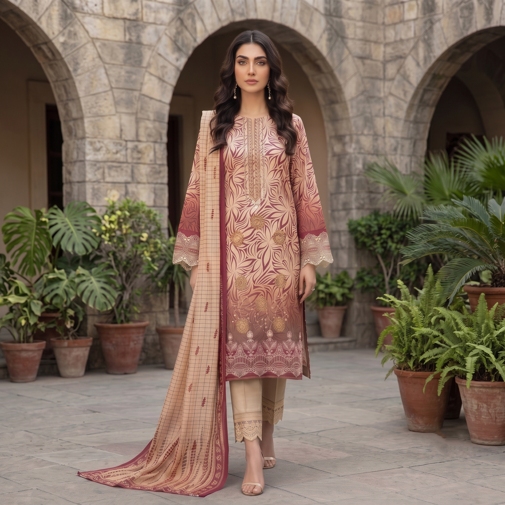 Zellora Embroidered Lawn 3-Piece Suit – Dusty Rose Floral