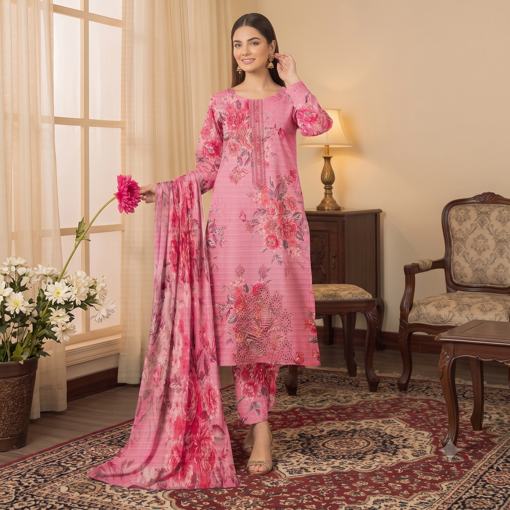 Zellora Embroidered Pink Floral Lawn 3 Piece Suit