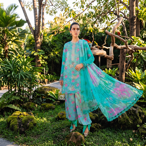 Zellora Aqua Bloom Unstitched Embroidered Lawn Suit
