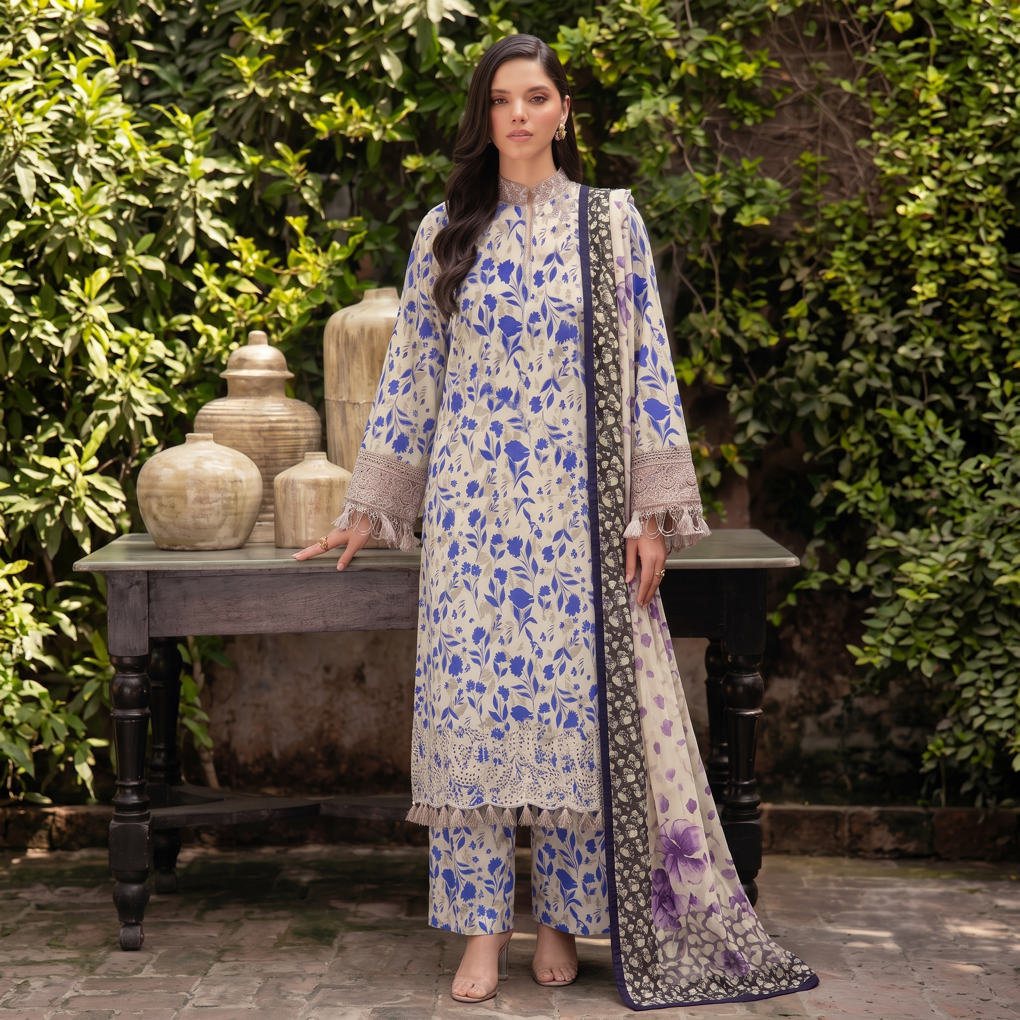 Zellora Blue Bloom Unstitched Chikankari Lawn Suit