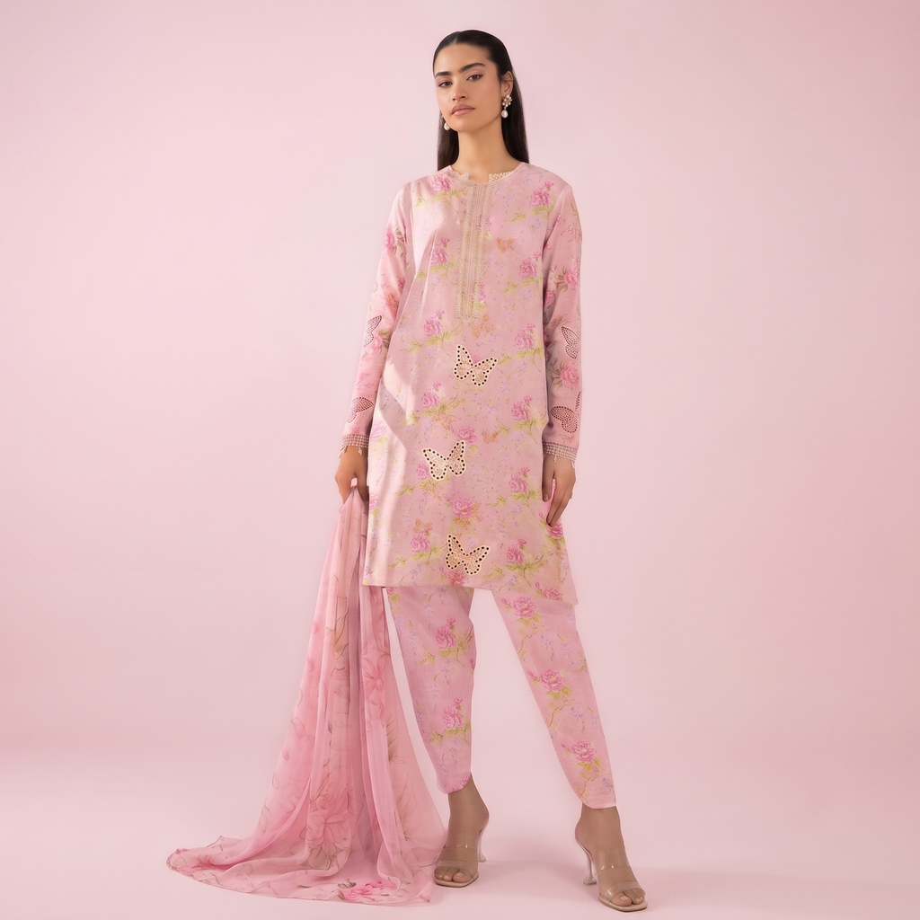 Zellora Unstitched Embroidered Pink Lawn Suit – 3 Piece