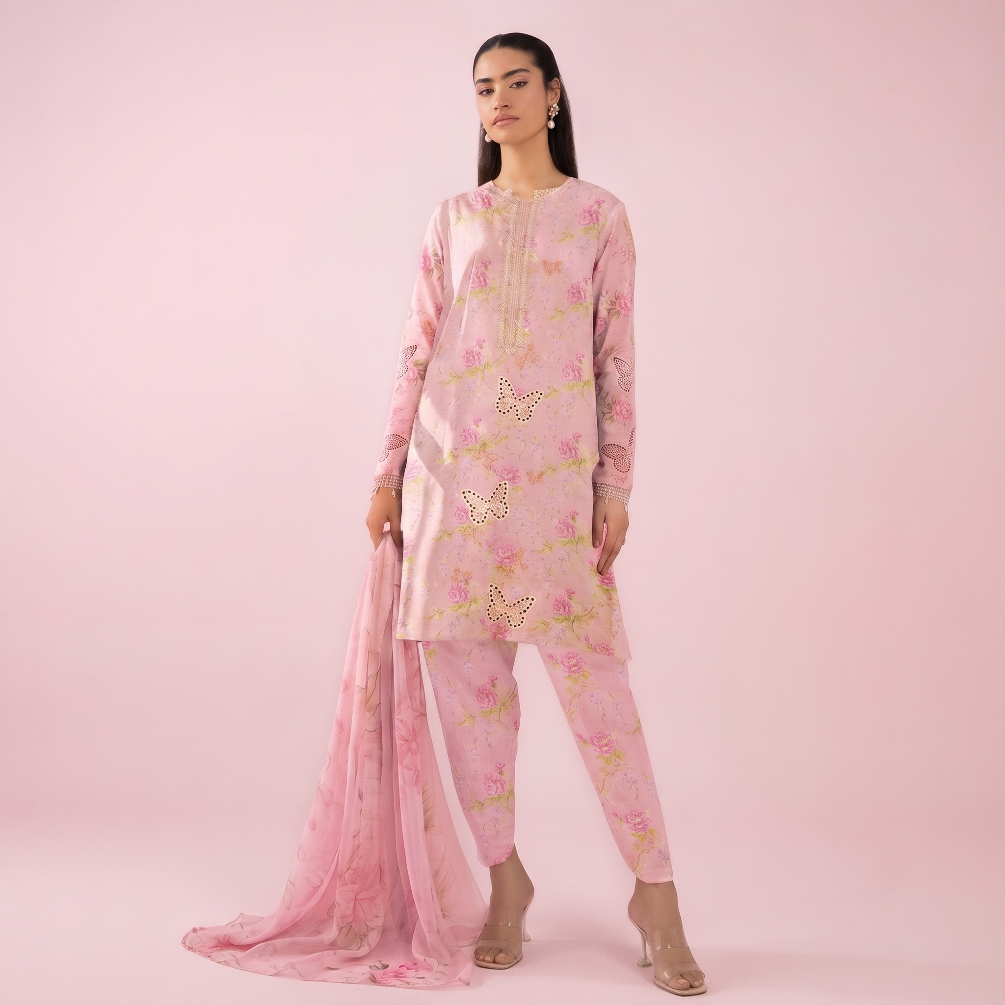 Zellora Unstitched Embroidered Pink Lawn Suit – 3 Piece
