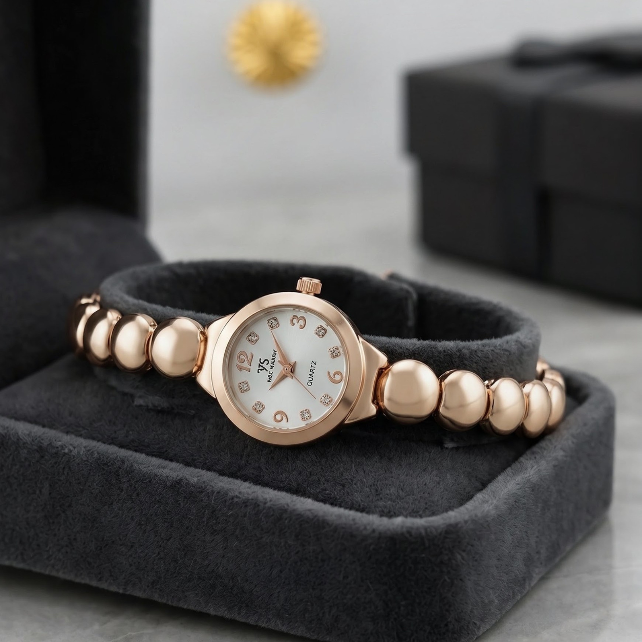 Elegant Rose Gold Beaded Ladies Quartz Watch