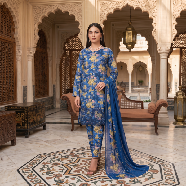 Zellora Unstitched Chikankari Lawn 3 Piece Suit – Blue Floral
