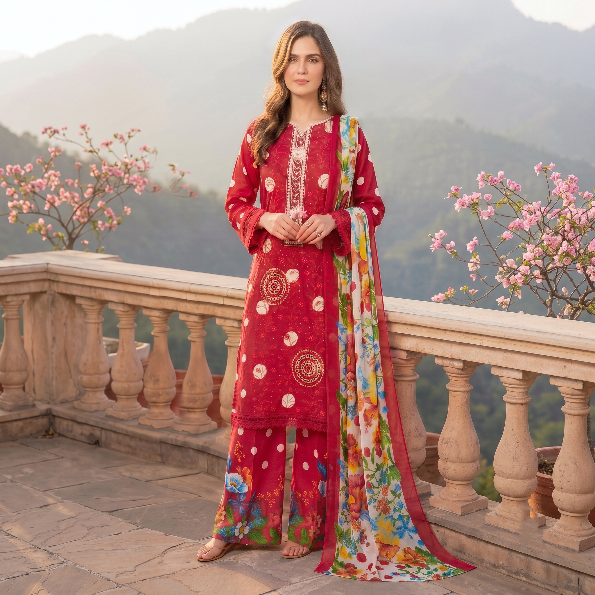 Zellora Ruby Red Embroidered Lawn 3 Piece Unstitched Suit