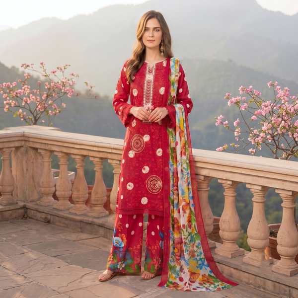 Zellora Ruby Red Embroidered Lawn 3 Piece Unstitched Suit