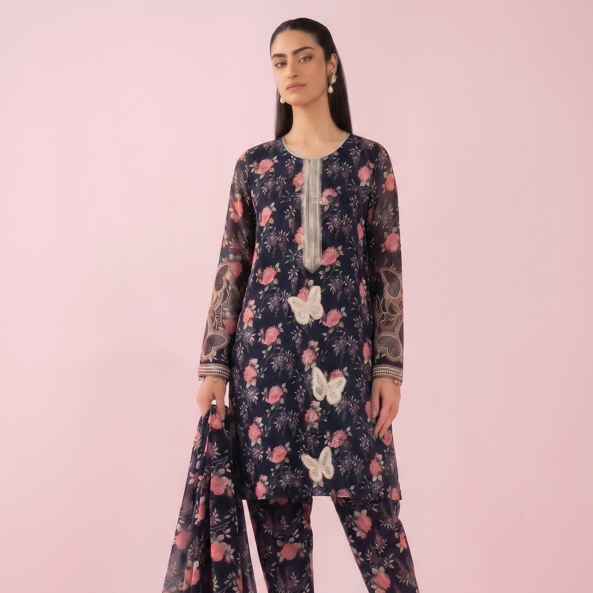 Zellora Midnight Blossom Embroidered Lawn 3-Piece Suit