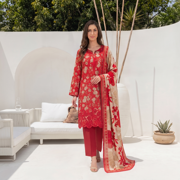 Zellora Ruby Bloom Chikankari Lawn 3-Piece Suit