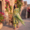 Zellora Printed Lawn 3-Piece Suit – Green Botanical Print with Printed Dupatta