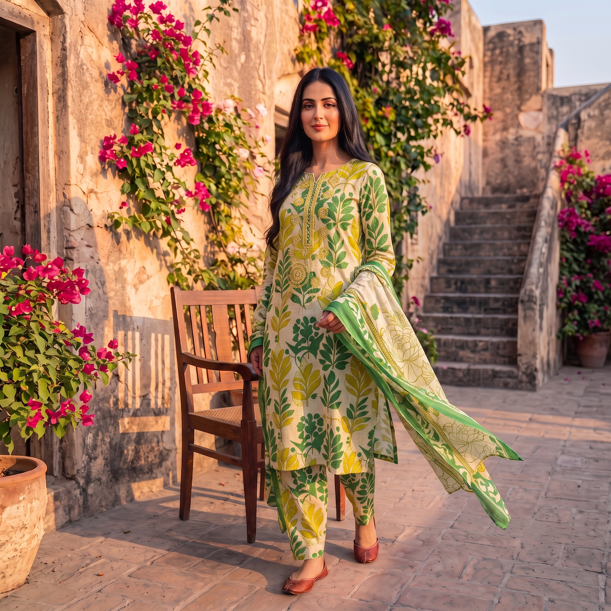 Zellora Printed Lawn 3-Piece Suit – Green Botanical Print with Printed Dupatta