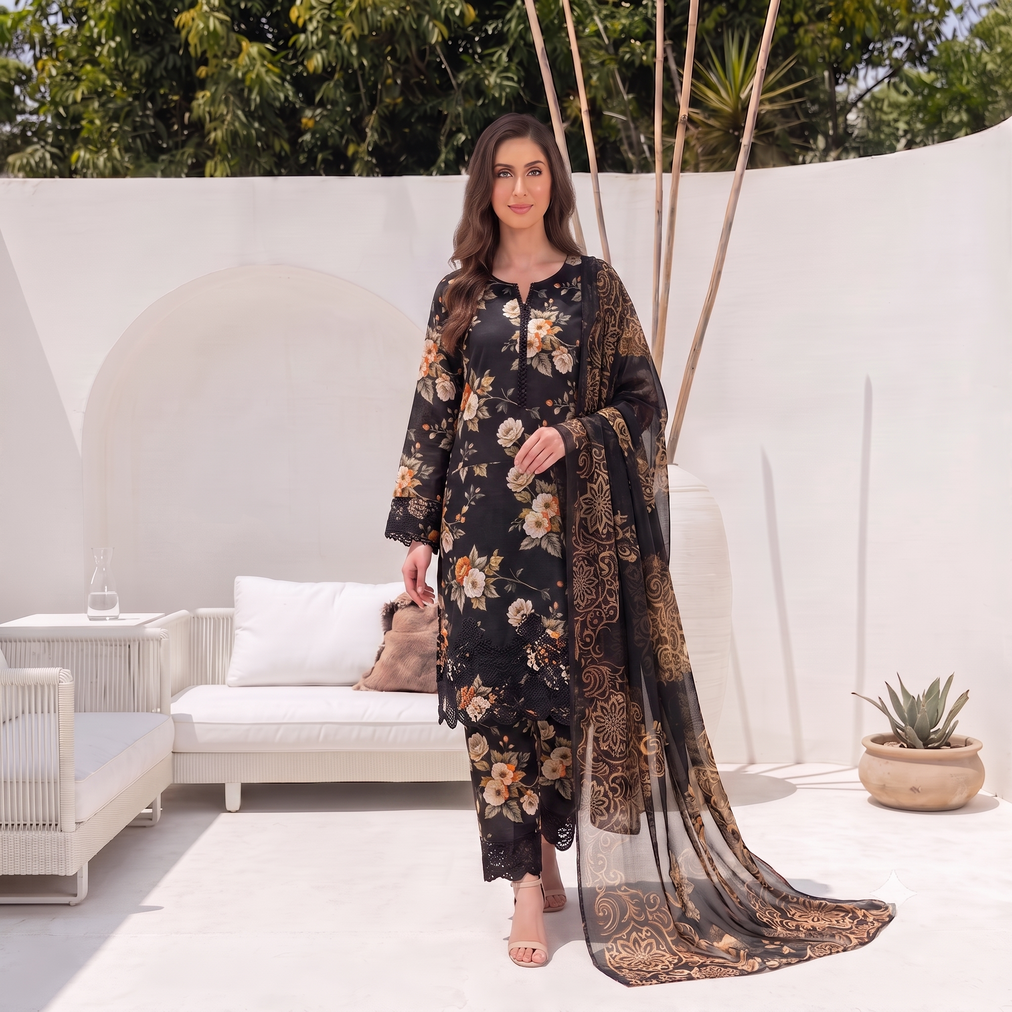 Zellora Printed Lawn 3 Piece Suit – Black Floral Print with Printed Dupatta