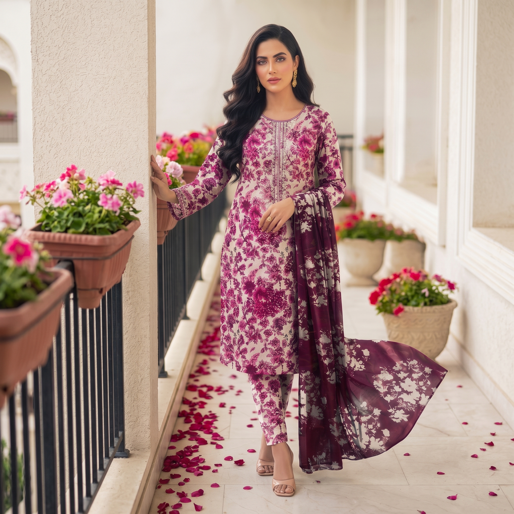 Zellora Embroidered Lawn 3-Piece Suit – Plum Blossom Elegance
