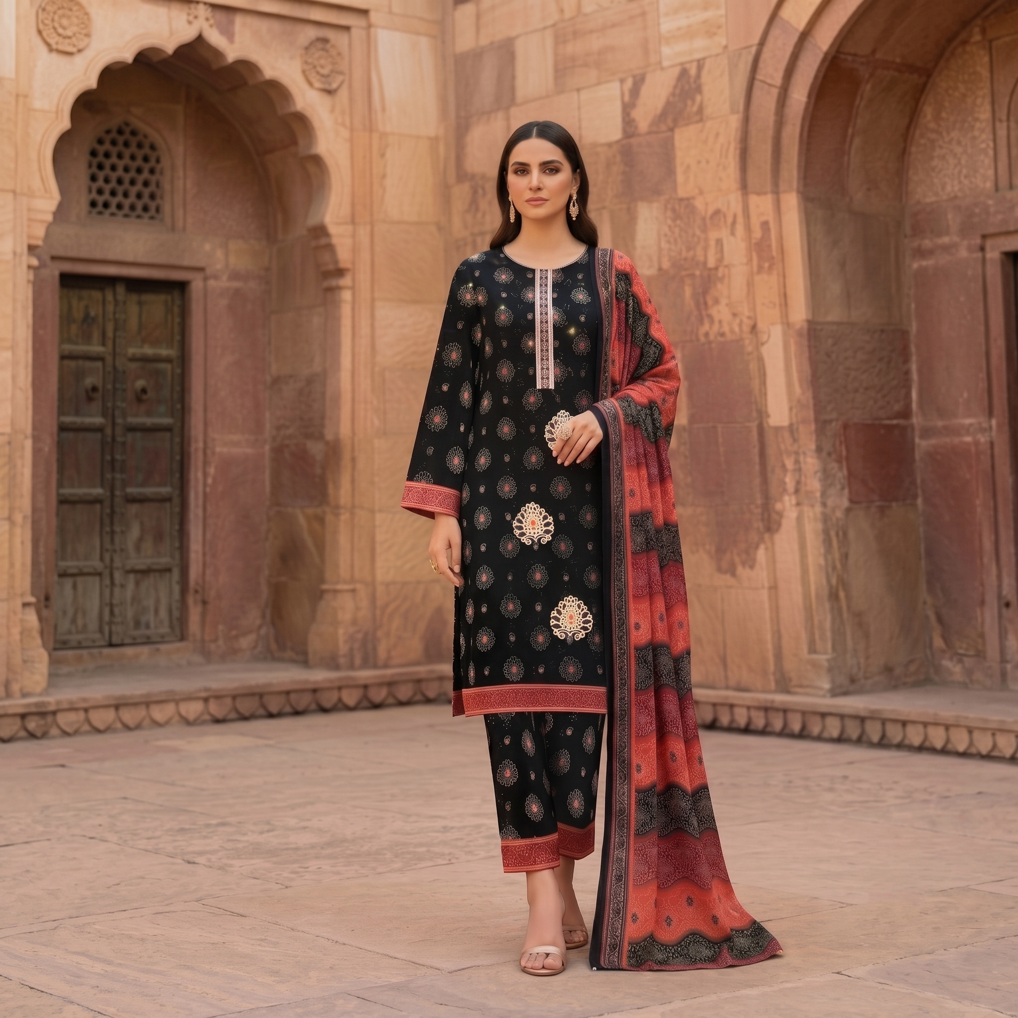Zellora Embroidered Lawn 3-Piece Suit – Black & Rust