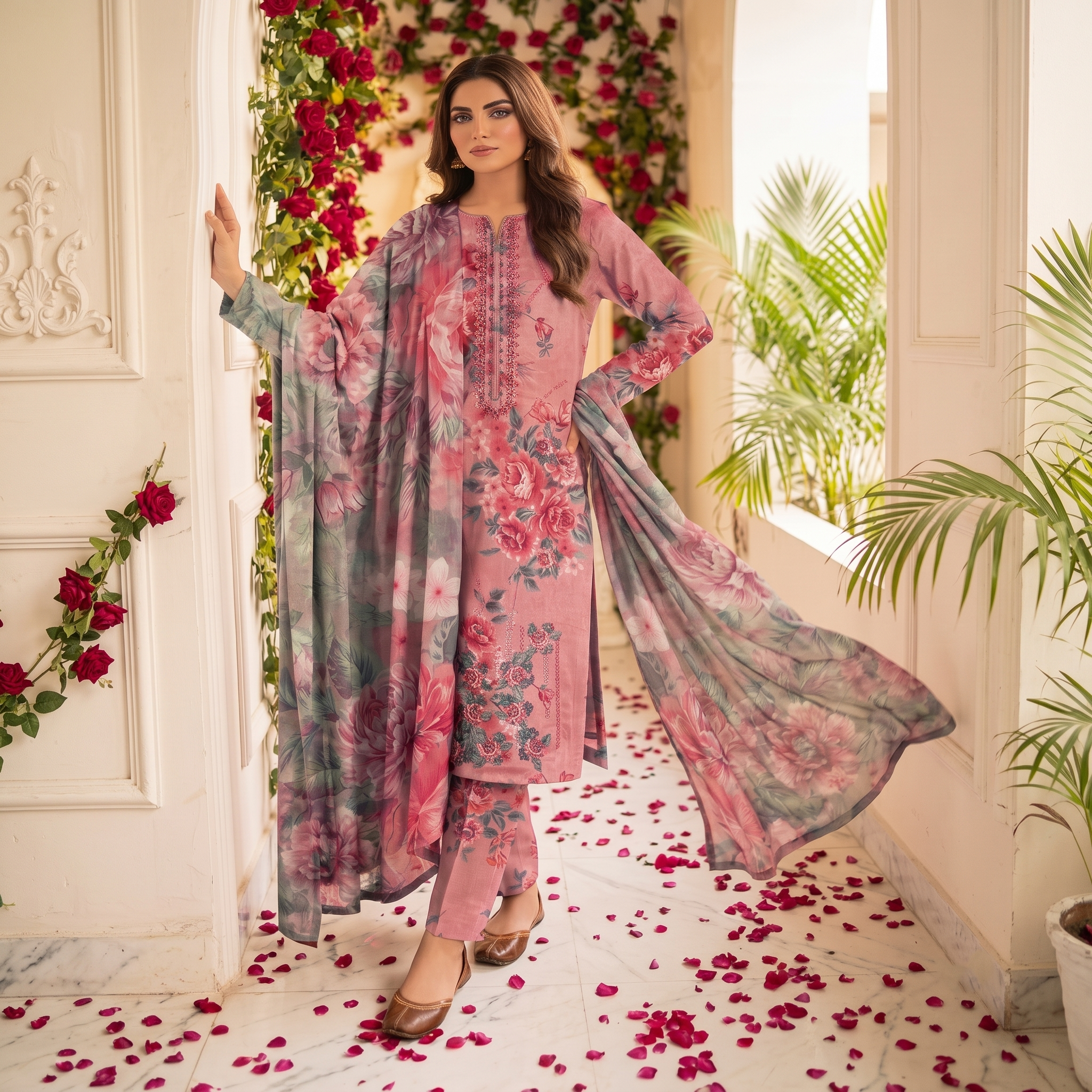 Zellora Embroidered Premium Lawn 3-Piece Suit – Dusty Rose Floral Elegance