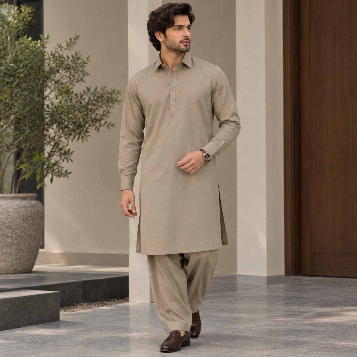 Men’s Beige Wash & Wear Shalwar Kameez