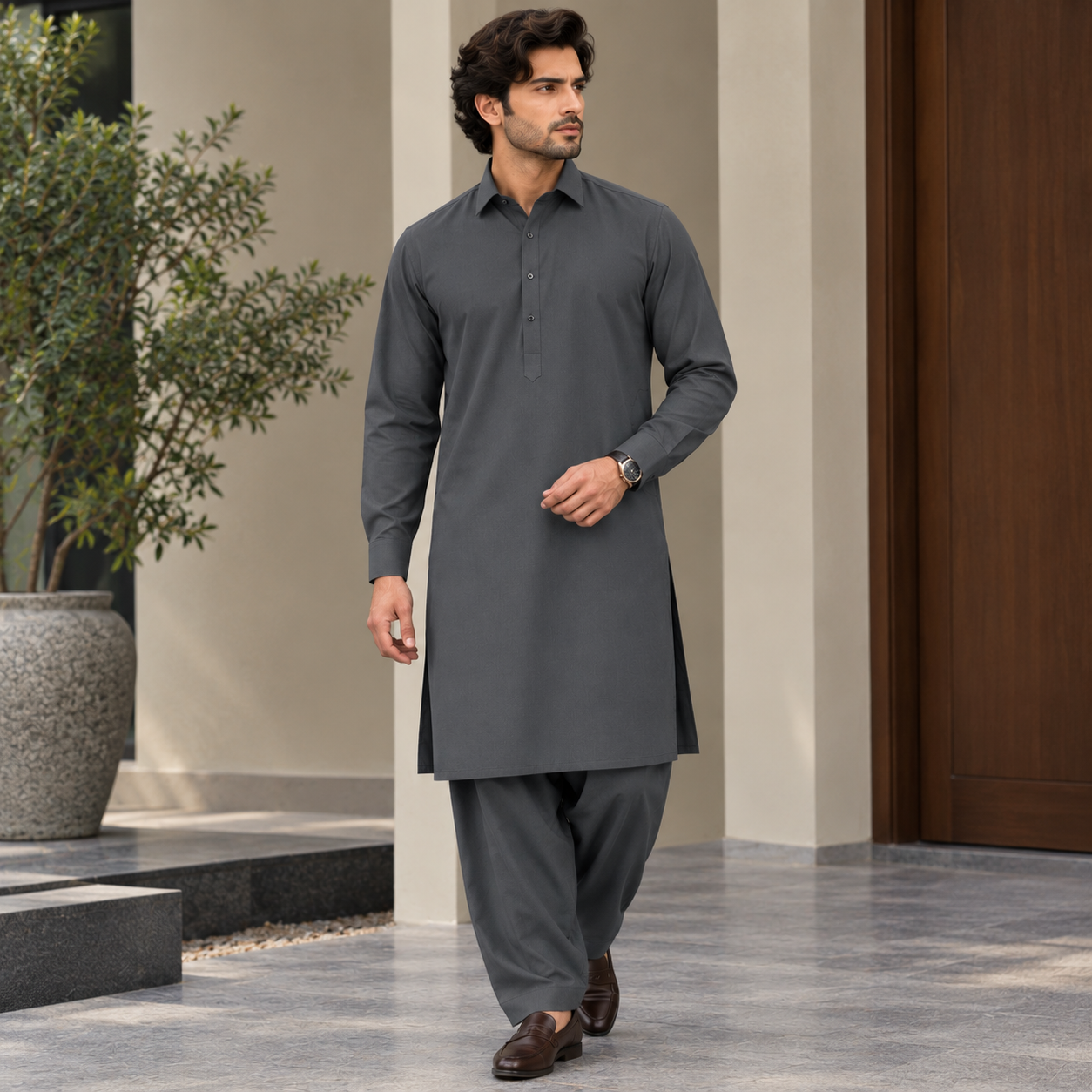 Men’s Charcoal Grey Wash & Wear Shalwar Kameez