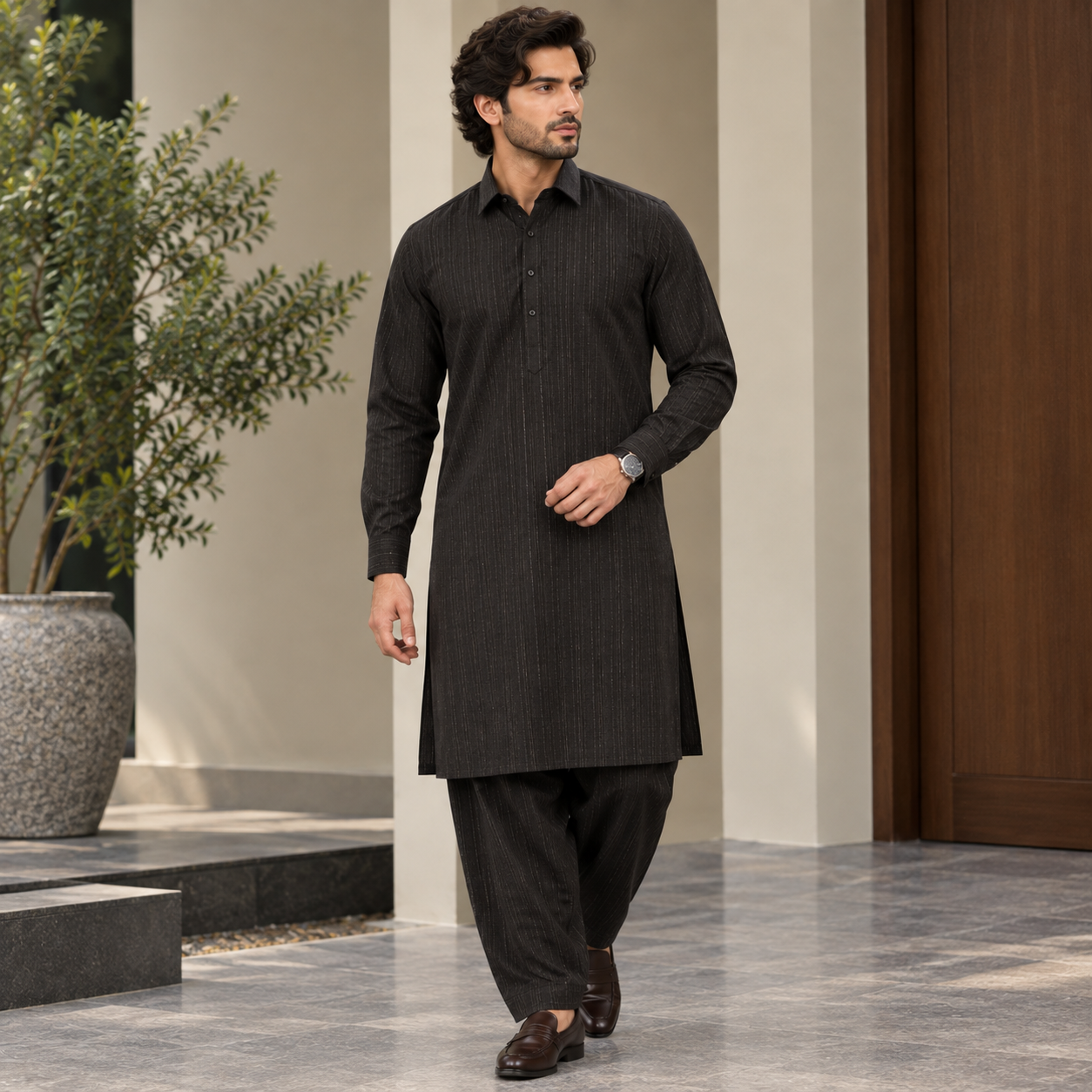 Men’s Black Pinstripe Wash & Wear Shalwar Kameez