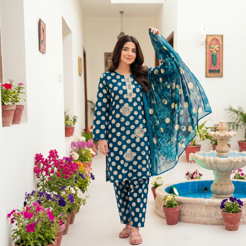 Zellora Premium Embroidered Lawn 3 Piece Suit – Teal Blue Polka Dot Edition