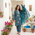 Zellora Premium Embroidered Lawn 3 Piece Suit – Teal Blue Polka Dot Edition