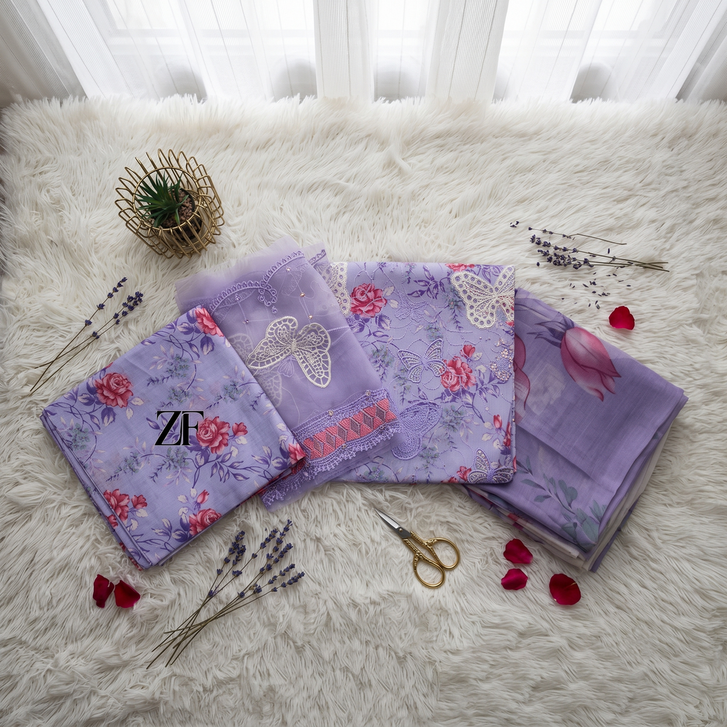 Zellora Butterfly Bloom Embroidered Lawn 3 Piece Suit – Lilac