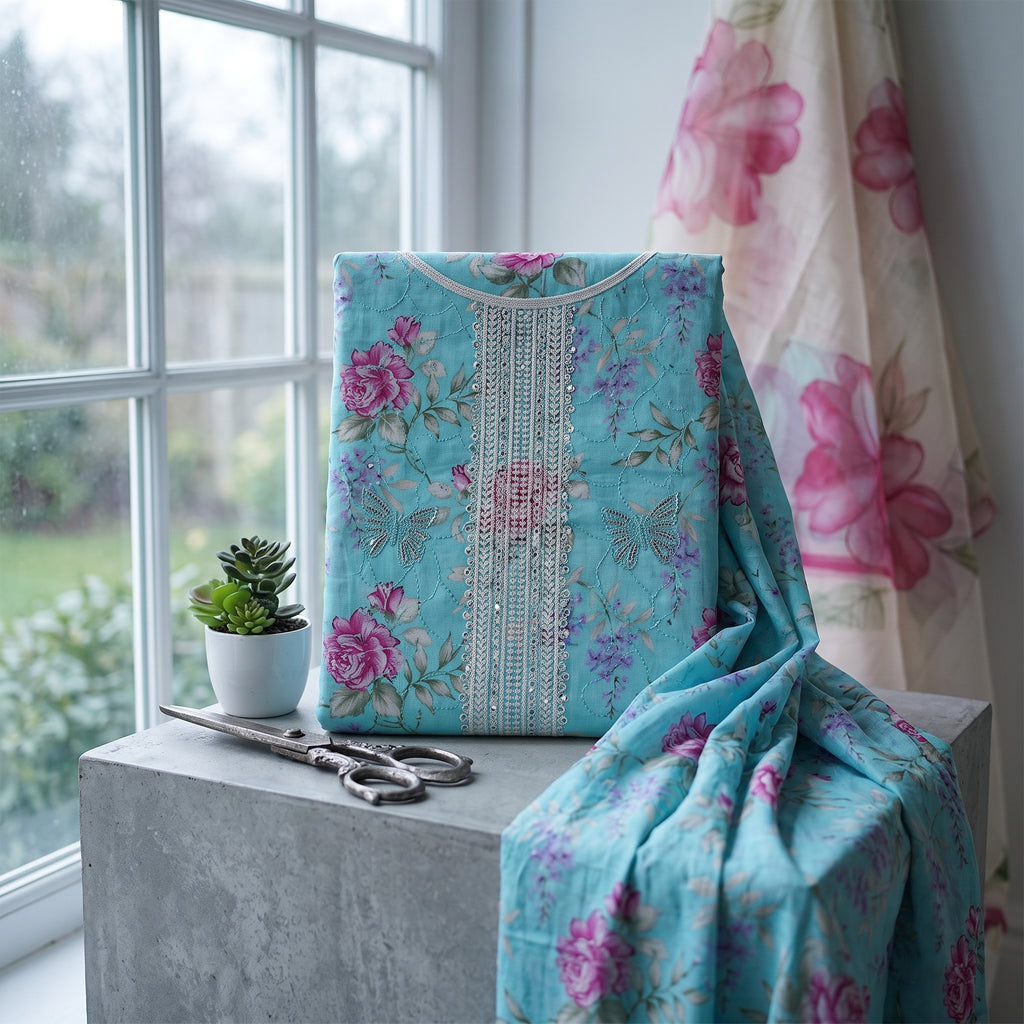 Zellora Aqua Bloom Unstitched Embroidered Lawn Suit
