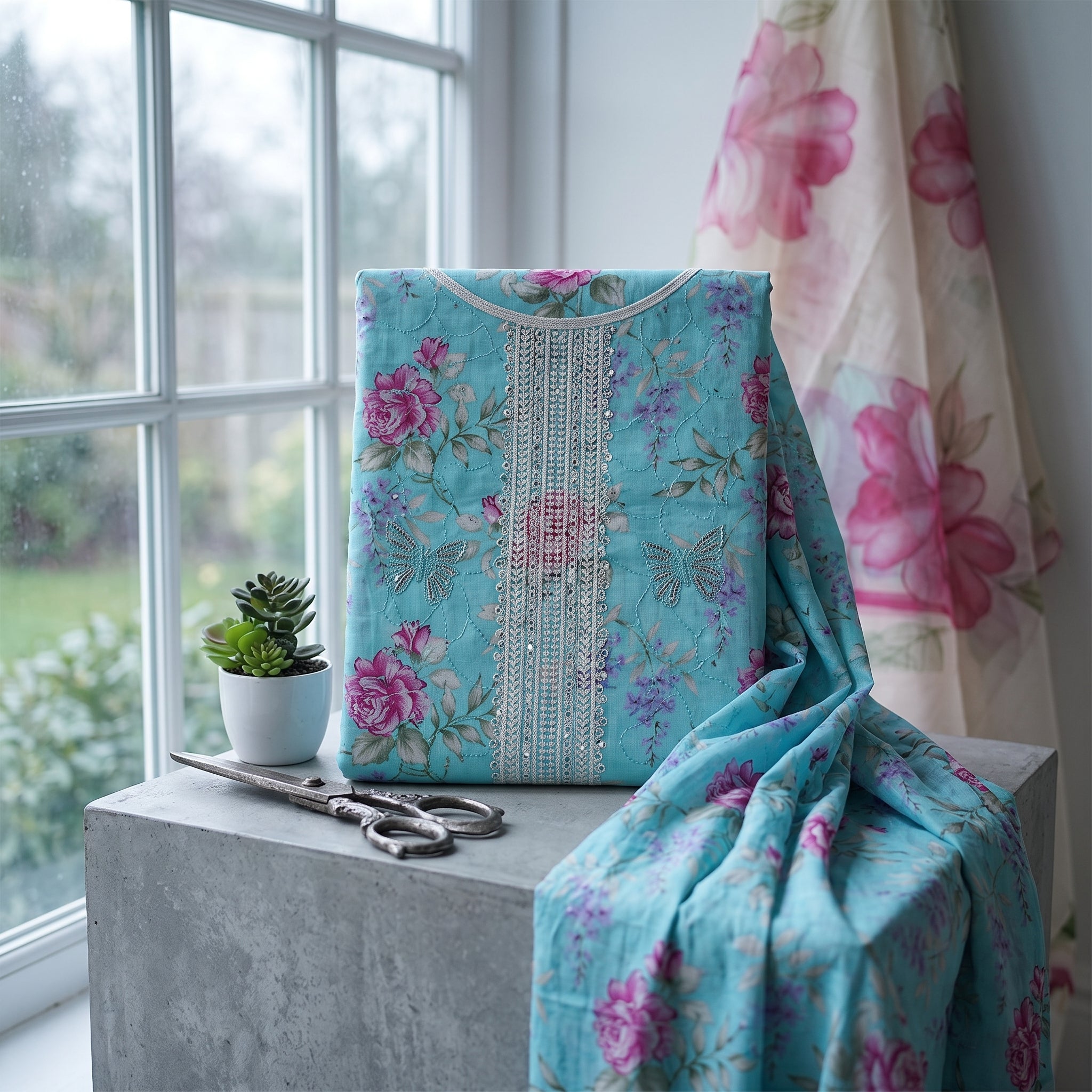 Zellora Aqua Bloom Unstitched Embroidered Lawn Suit