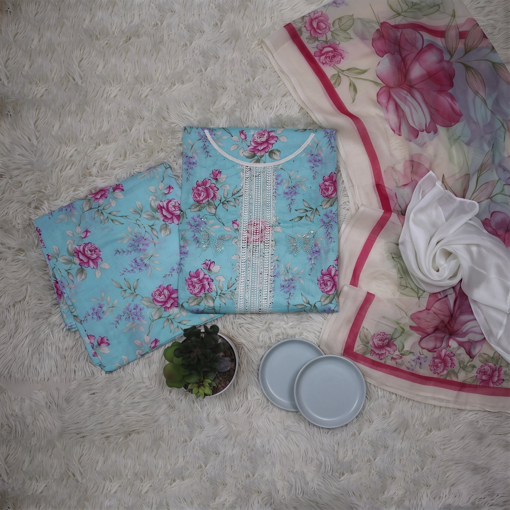 Zellora Aqua Bloom Unstitched Embroidered Lawn Suit