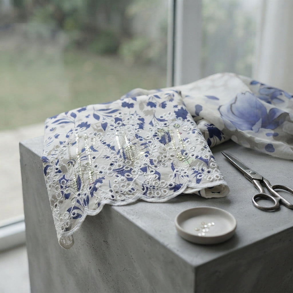 Zellora Blue Bloom Unstitched Chikankari Lawn Suit