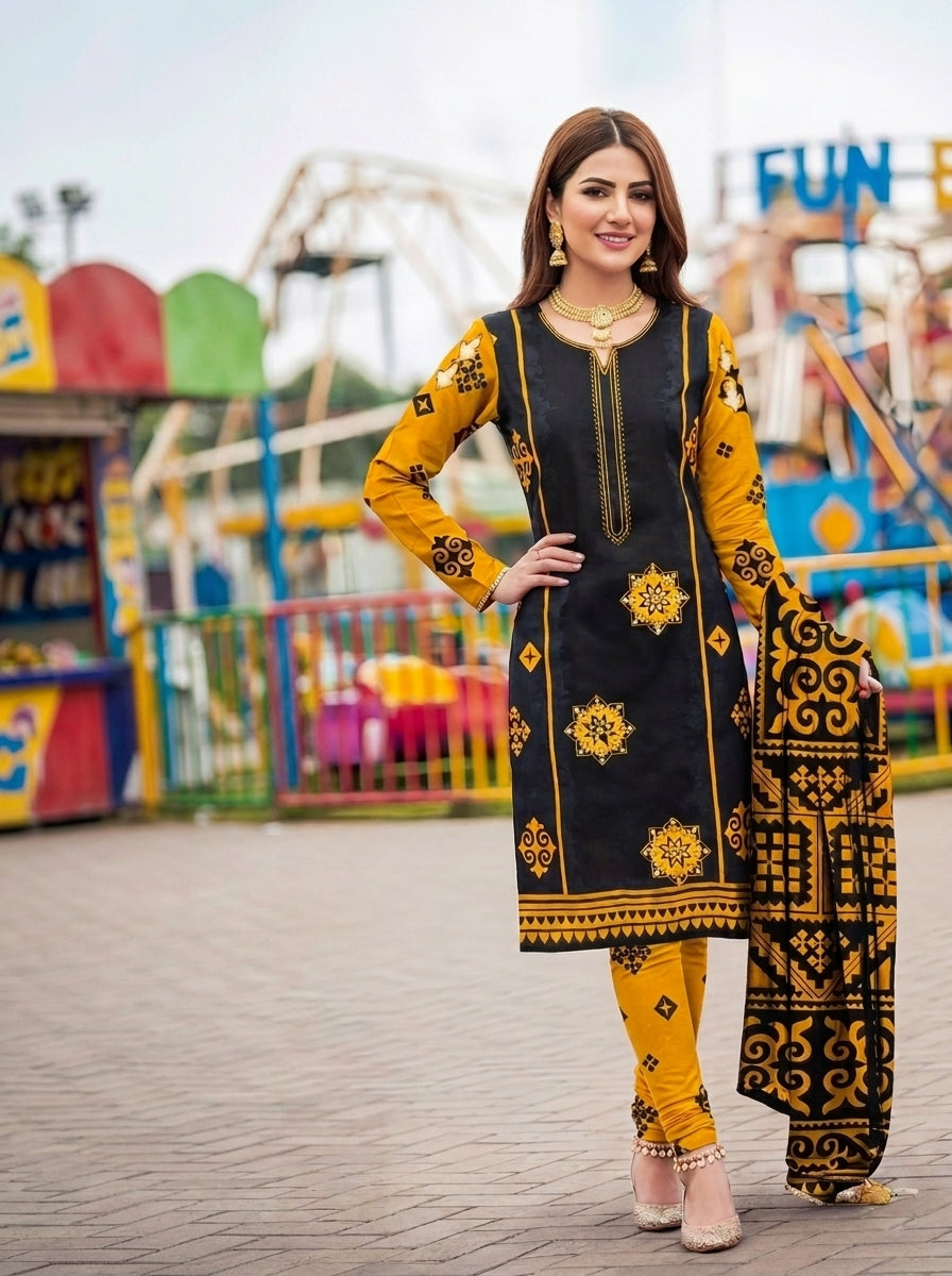 Zellora Embroidered Lawn 3 Piece Suit – Black & Mustard