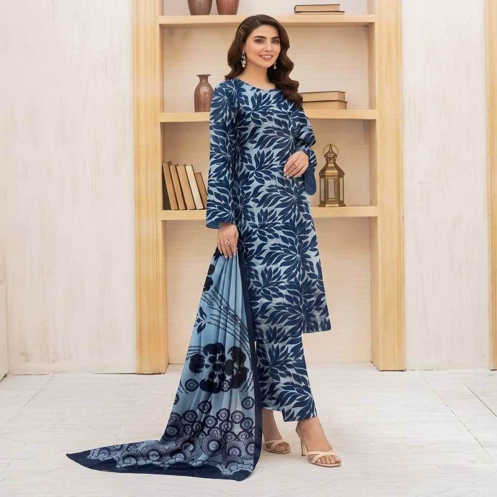 Zellora Premium Printed Lawn 3 Piece Suit – Blue Floral Print