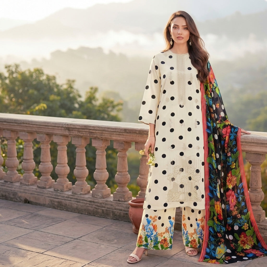 Zellora Ivory Polka Dot Embroidered Lawn 3 Piece Suit with Floral Printed Dupatta