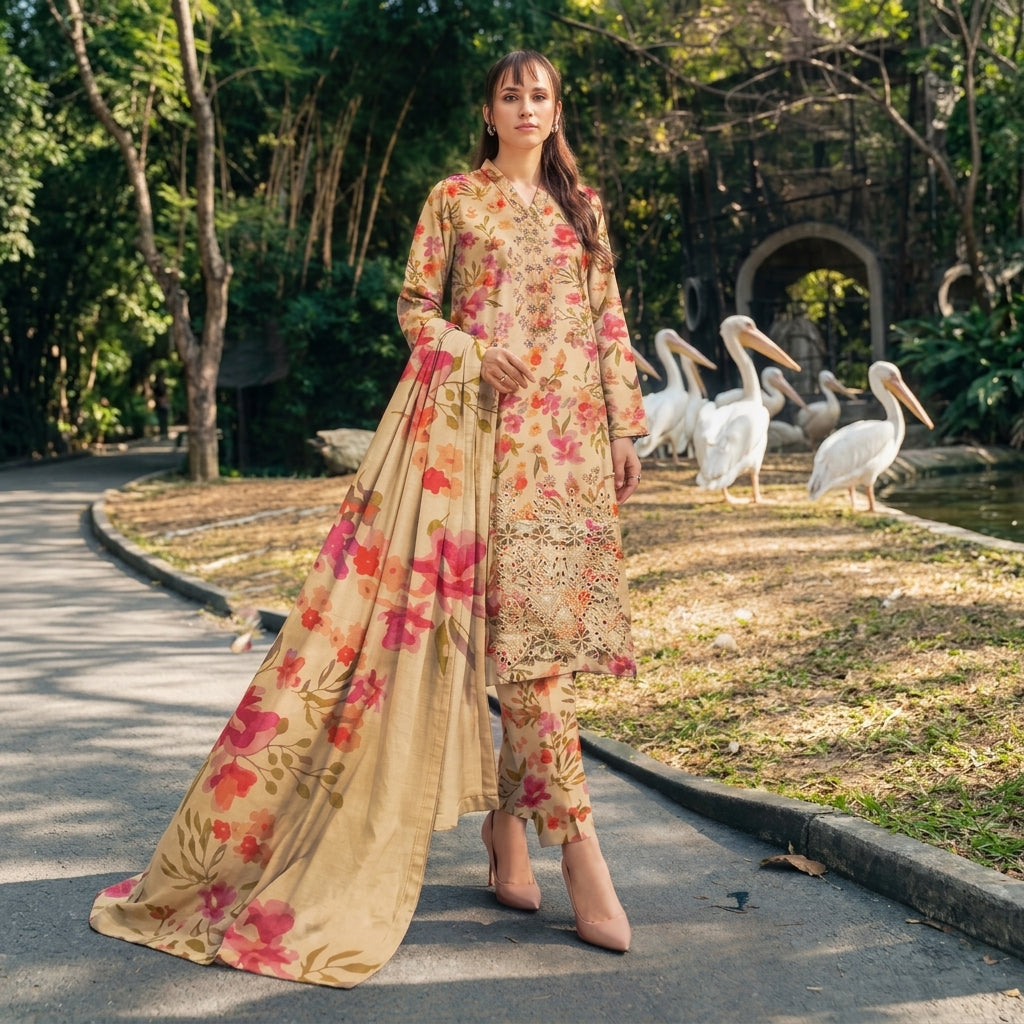 Zellora Embroidered Printed Lawn 3 Piece Suit – Beige Floral