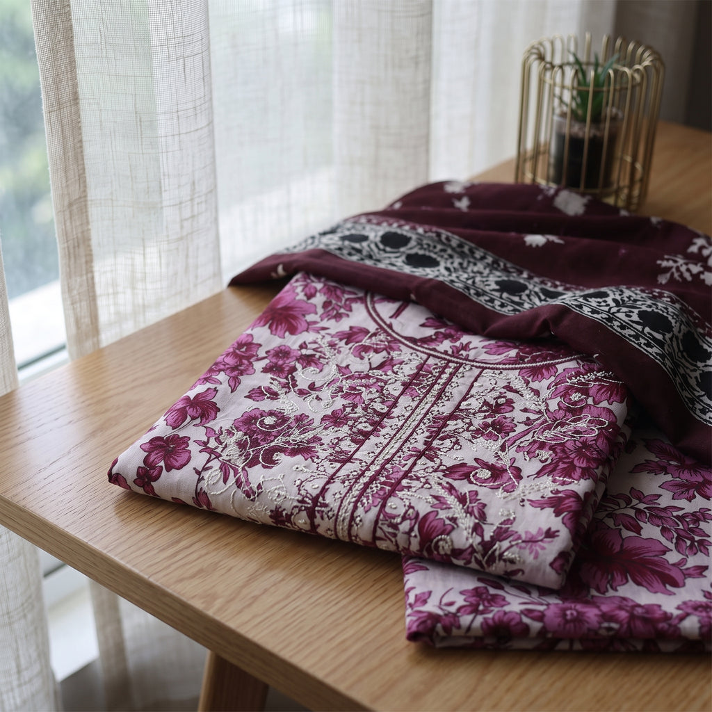Zellora Embroidered Lawn 3-Piece Suit – Plum Blossom Elegance