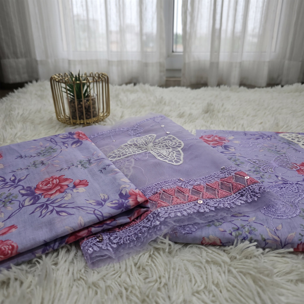 Zellora Butterfly Bloom Embroidered Lawn 3 Piece Suit – Lilac