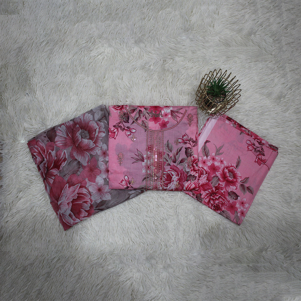 Zellora Embroidered Pink Floral Lawn 3 Piece Suit