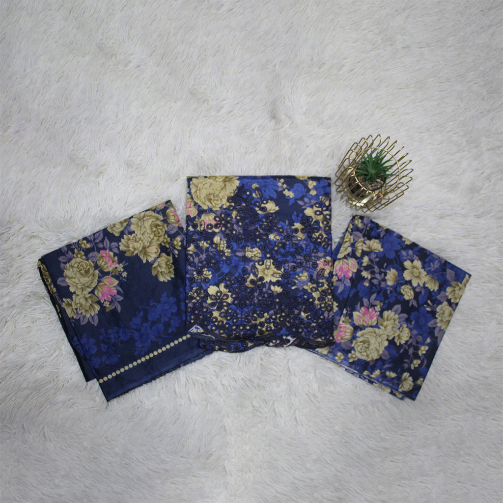 Zellora Unstitched Chikankari Lawn 3 Piece Suit – Blue Floral