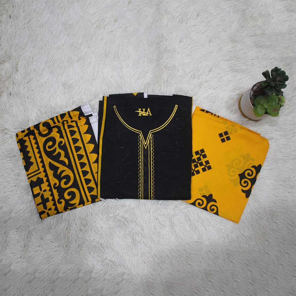 Zellora Embroidered Lawn 3 Piece Suit – Black & Mustard