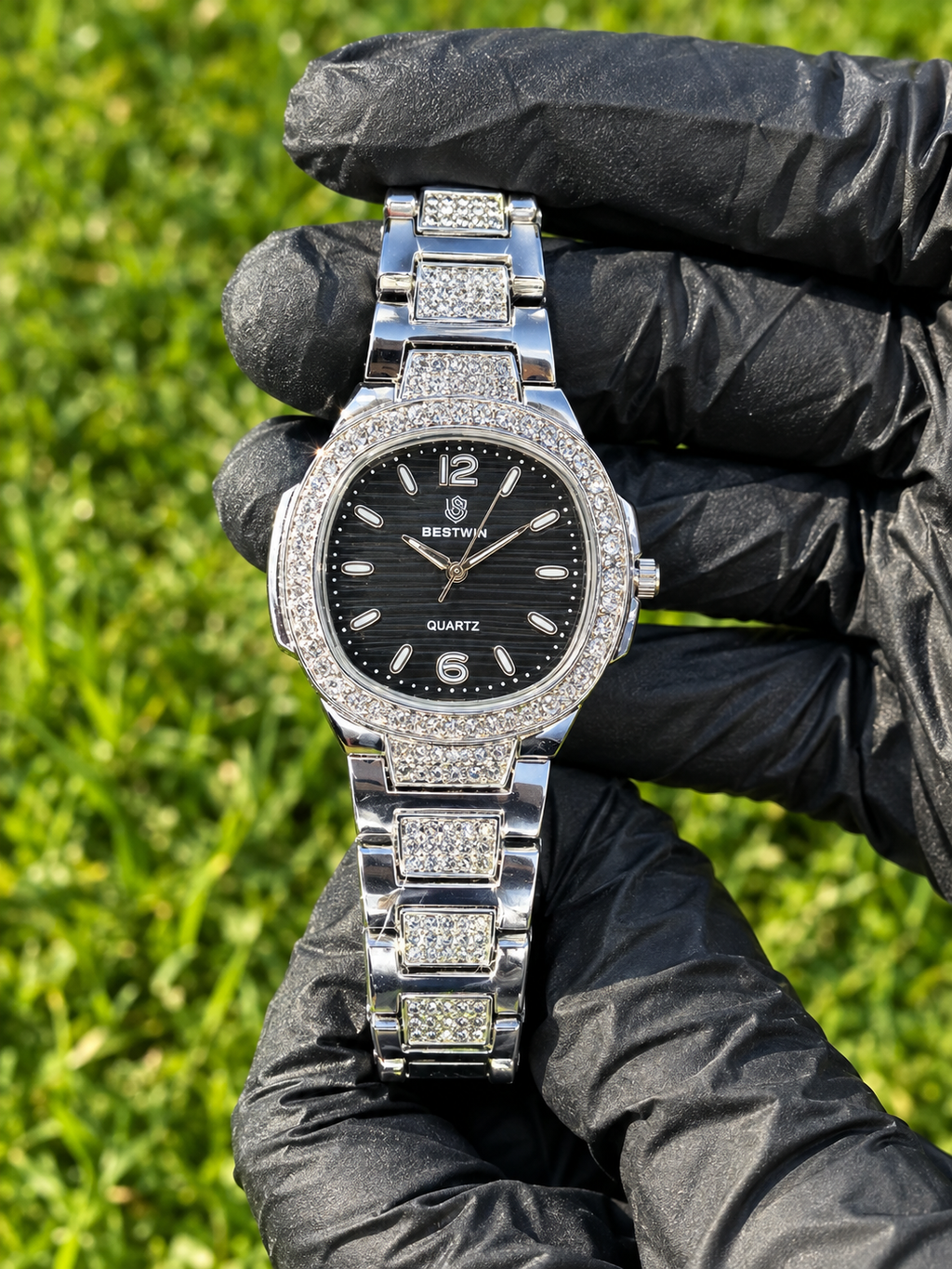 Bestwin Luxury Silver Ladies Watch – Black Dial & Crystal Bracelet