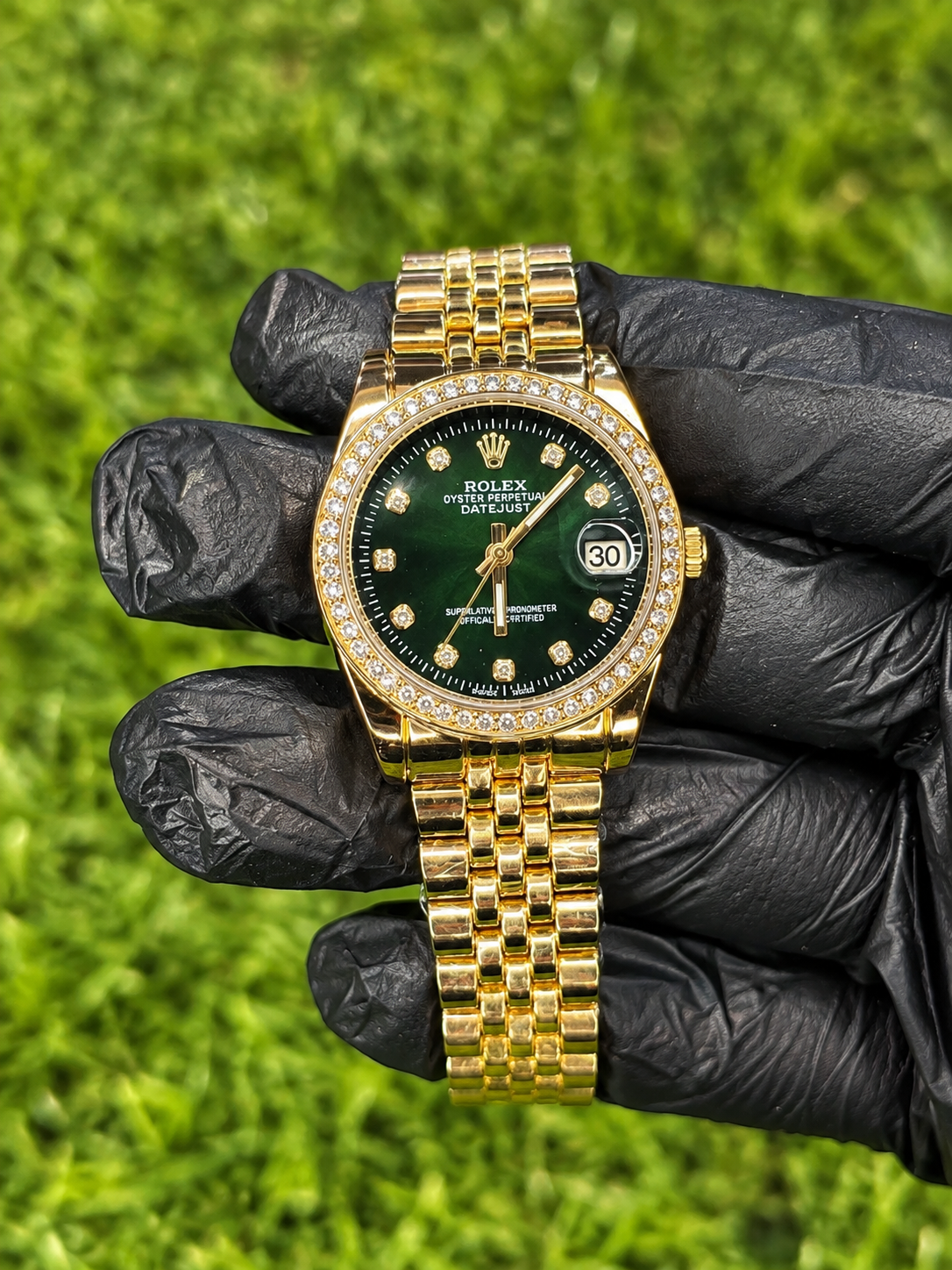 Rolex Luxury Gold Ladies Watch – Green Dial & Crystal Bezel