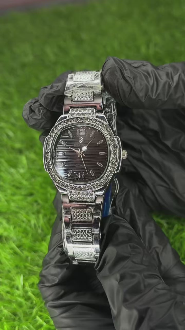 Bestwin Luxury Silver Ladies Watch – Black Dial & Crystal Bracelet