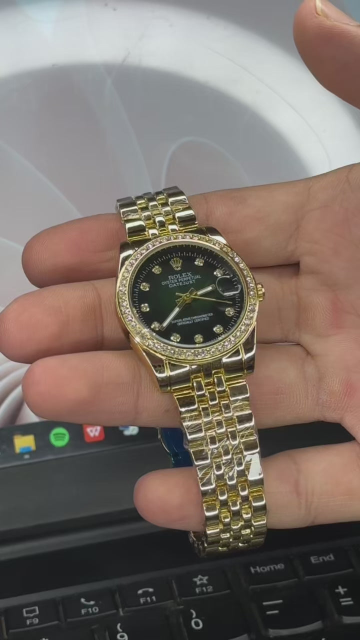 Rolex Luxury Gold Ladies Watch – Green Dial & Crystal Bezel